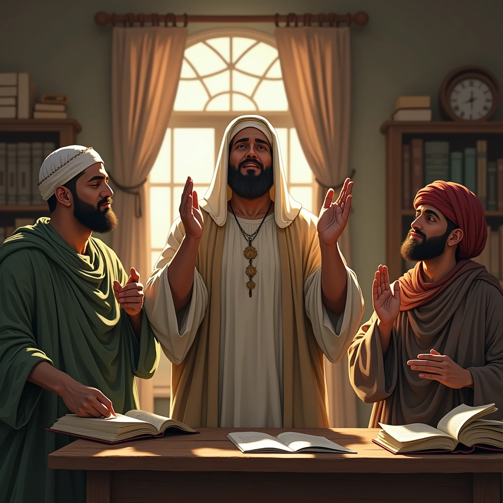 Allah is raising his hands and praying, the other two friends are laughing at him.
A scene where they are engrossed in their work.