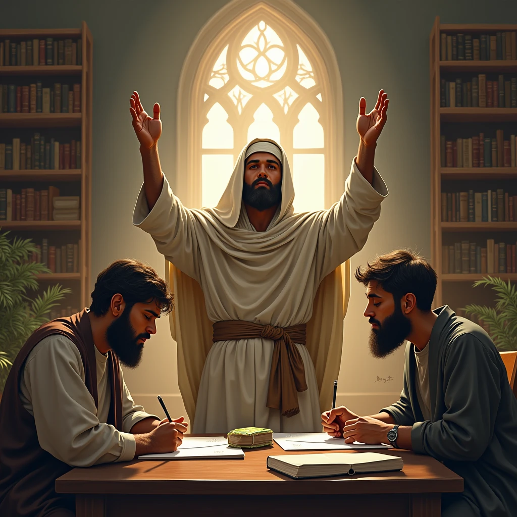 Allah is raising his hands and praying, the other two friends are laughing at him.
A scene where they are engrossed in their work.