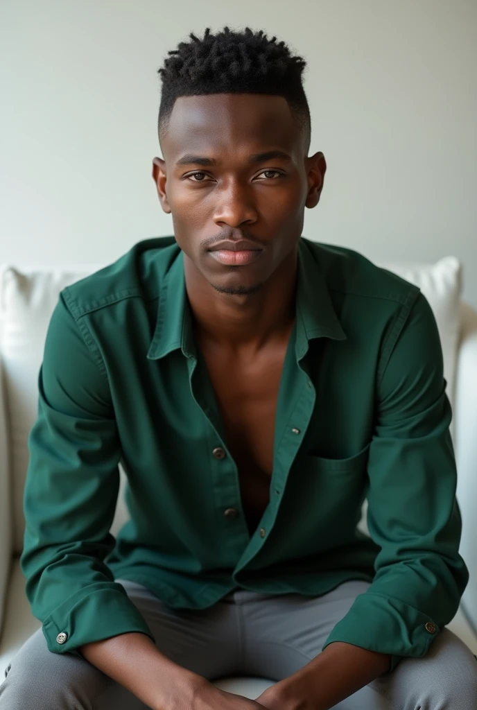 best qualityer:1.4), (ultra high resolution:1.2), (photorrealistic:1.4), (8k, CRU photo:1.2), A young man of 20 years old, black skin color, with a smooth, beardless face, with short hair, with shaved sides and short top, similar to the fade or taper haircut style, green long sleeve shirt with high collar, grey social pants, is sitting on a white sofa. the camera is focusing on your face. He has a seductive face for the camera. You are in a photography studio with a white background 