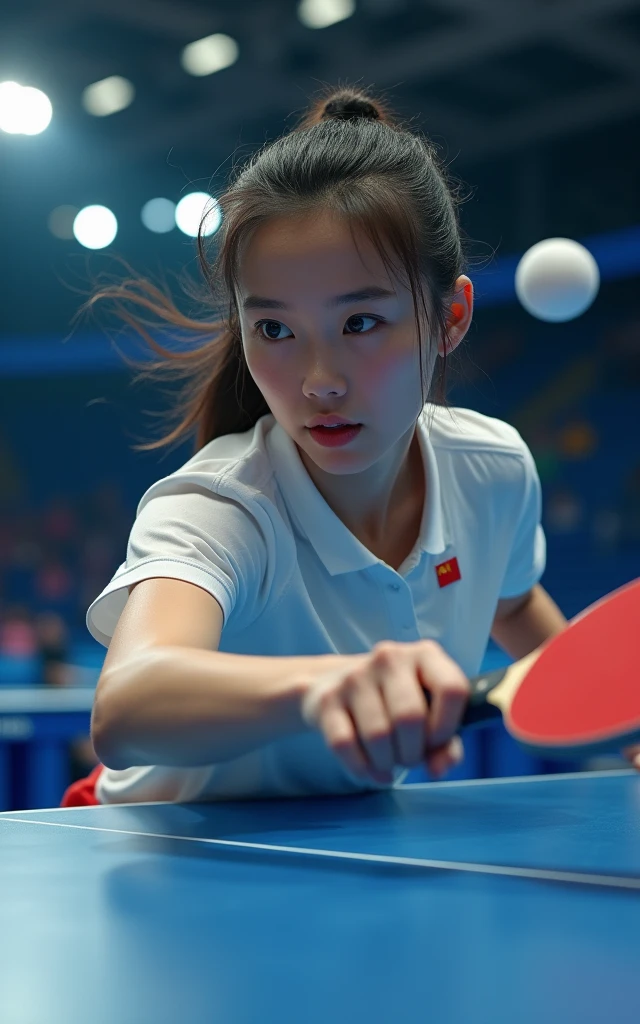 Chinese female table tennis players,full-body shot,18-year-old beauty,Fair skin,Charming,beauty,cute,Bright Lights,Pull the ball,spike,Spinning ball,The competition is intense and exciting,Olympic Games finals as background