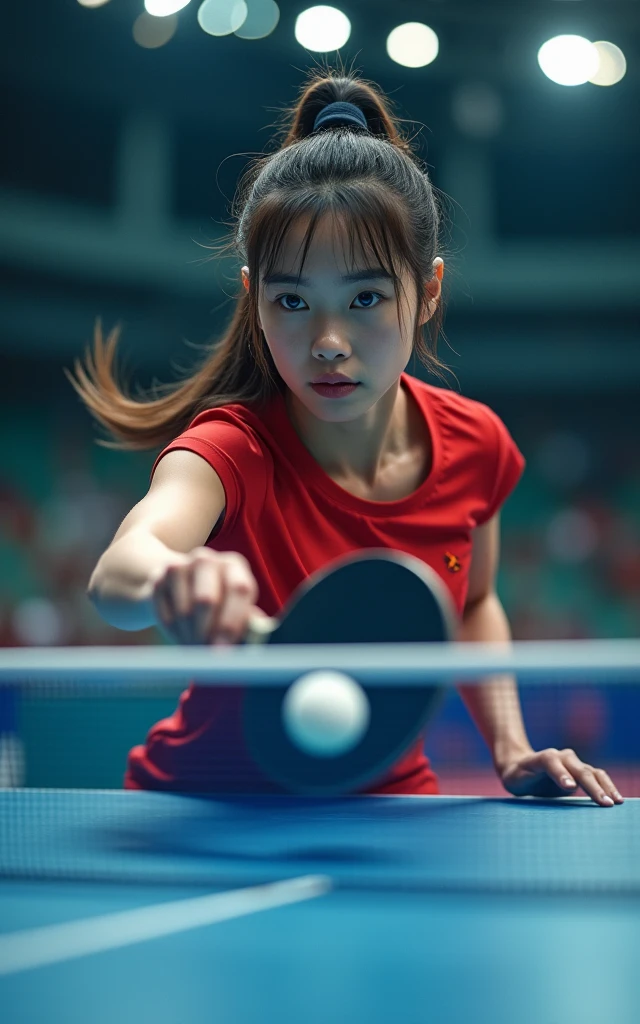 Chinese female table tennis players,full-body shot,18-year-old beauty,Fair skin,Charming,beauty,cute,Bright Lights,Pull the ball,spike,Spinning ball,The competition is intense and exciting,Olympic Games finals as background