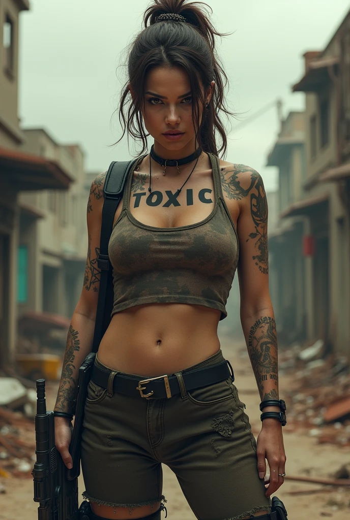 A toxic wounded girl who have toxic printed on his chest and 00 on his neck holding m416 gun in infected area . Ensure that tatoo are shown clearly. Upper body are open.
