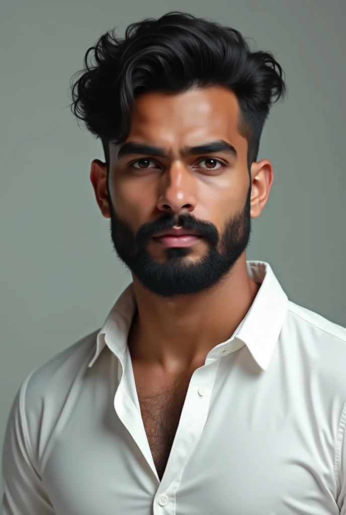 A 23 years old Indian boy, wearing a white shirt, having thick beard on the face and having an innocent but muscular body 