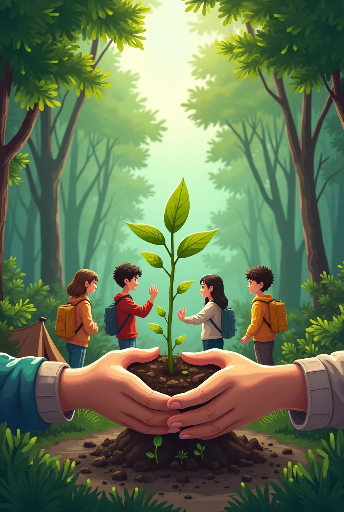create a design that contains a combination of the activities of many students planting trees on the ground to protect the forest and group camping activities with the design focus in the middle of two hands holding tree seedlings
