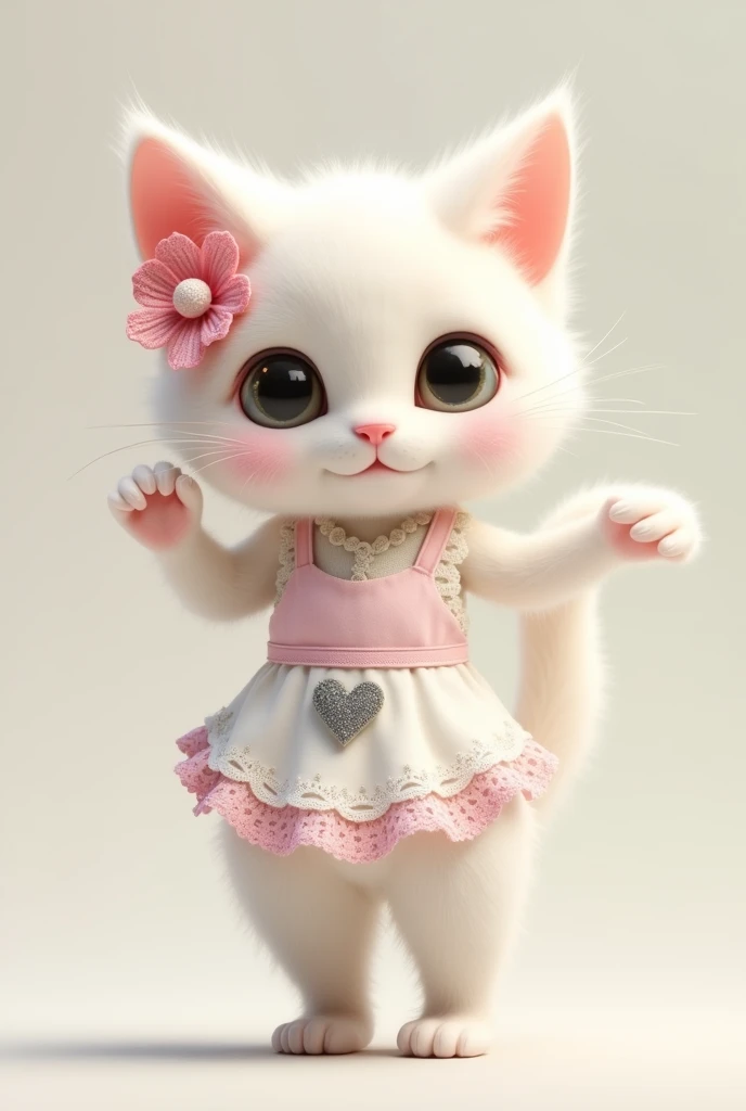 Very cute slim white female cat, There&#39;s a pink flower in her ear, Stand and wave, A grey heart mark on her stomach, Lace apron from the waist down, Grey Tail, Pastel colored fluffy, Glitter effect,Black cat，Eyes々Crisp,Doll Eye