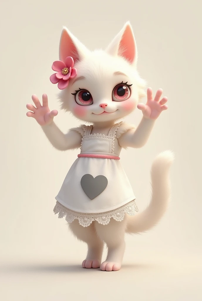 Very cute slim white female cat, There&#39;s a pink flower in her ear, Stand and wave, A grey heart mark on her stomach, Lace apron from the waist down, Grey Tail, Pastel colored fluffy, Glitter effect,Black cat，Eyes々Crisp,Doll Eye