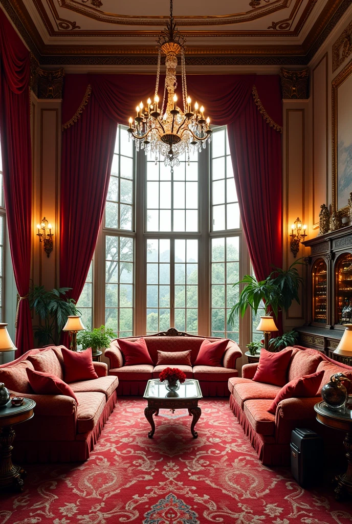 Make me a very large, luxurious and extravagant room in the style of the 1988s. Give me details so I know we are in that era. It is in a mansion. Give me the windows.