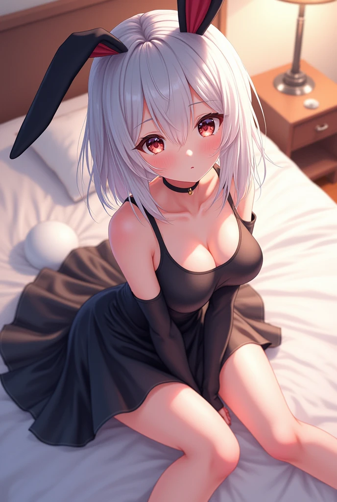 anime artwork, one girl, beautiful, skirt, young, white hair, medium breasts, black bunny suit, sitting on bed, from above