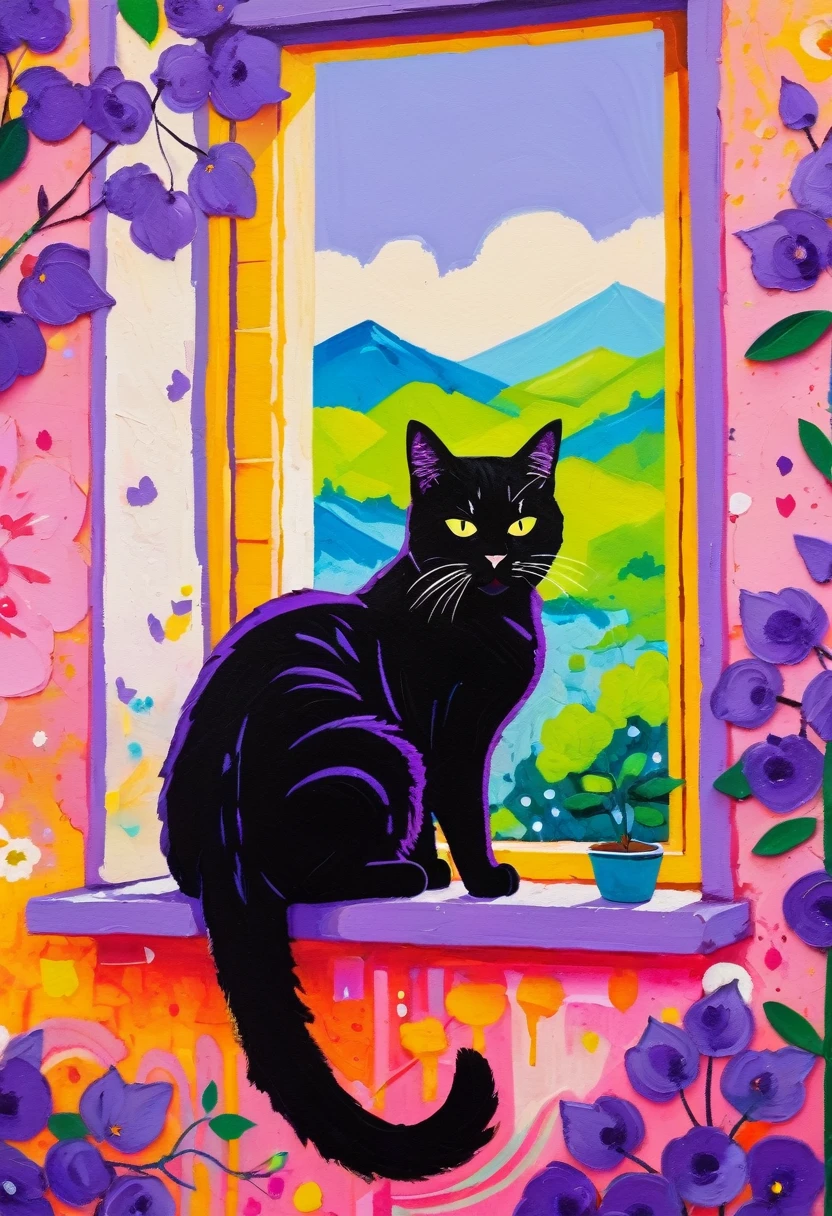 A painting:(((Colorful black,Chalk painting,Oil stick painting,volu,Thick coating,Uneven texture,Plaster texture,Graffiti)))。Colorful black,A cat on the windowsill, Bright colors cat, Purple and, cute, Bright colors,cute, Lavender Color and Color Schemes, and Purple color scheme, Beautiful Art, Purple, Whimsical Art, and Purple, lime and violet, Close together,, spring, Inspired by Tomokazu Matsuyama, Delightful