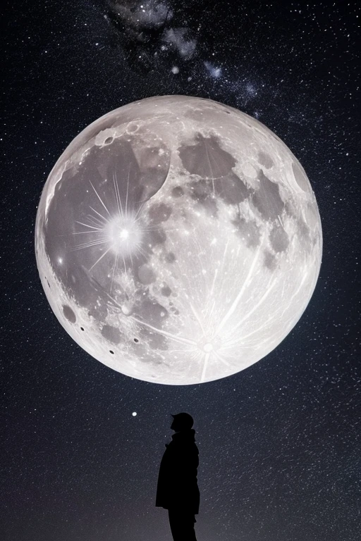Highest quality,Big moon and shadow,A silhouette of a person can be seen against the backdrop of a large moon.,There is one full moon,There is a mood,Beautiful scenery,Starry Sky