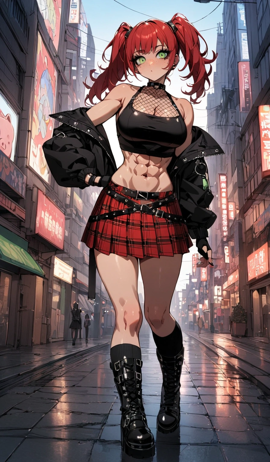 woman, curly red hair in pig tails, green eyes, black eyeshadow, wearing crop top black shirt, long black jacket, red plaid skirt, black knee high boots, black fingerless gloves, exposed shoulders, large breasts, freckles, abs, cleavage, looking up at viewer, masterpiece, best quality, Holo-Punk Style, in the city, make up, eyelashes, fish net undershirt, fish net stockings, (full body)