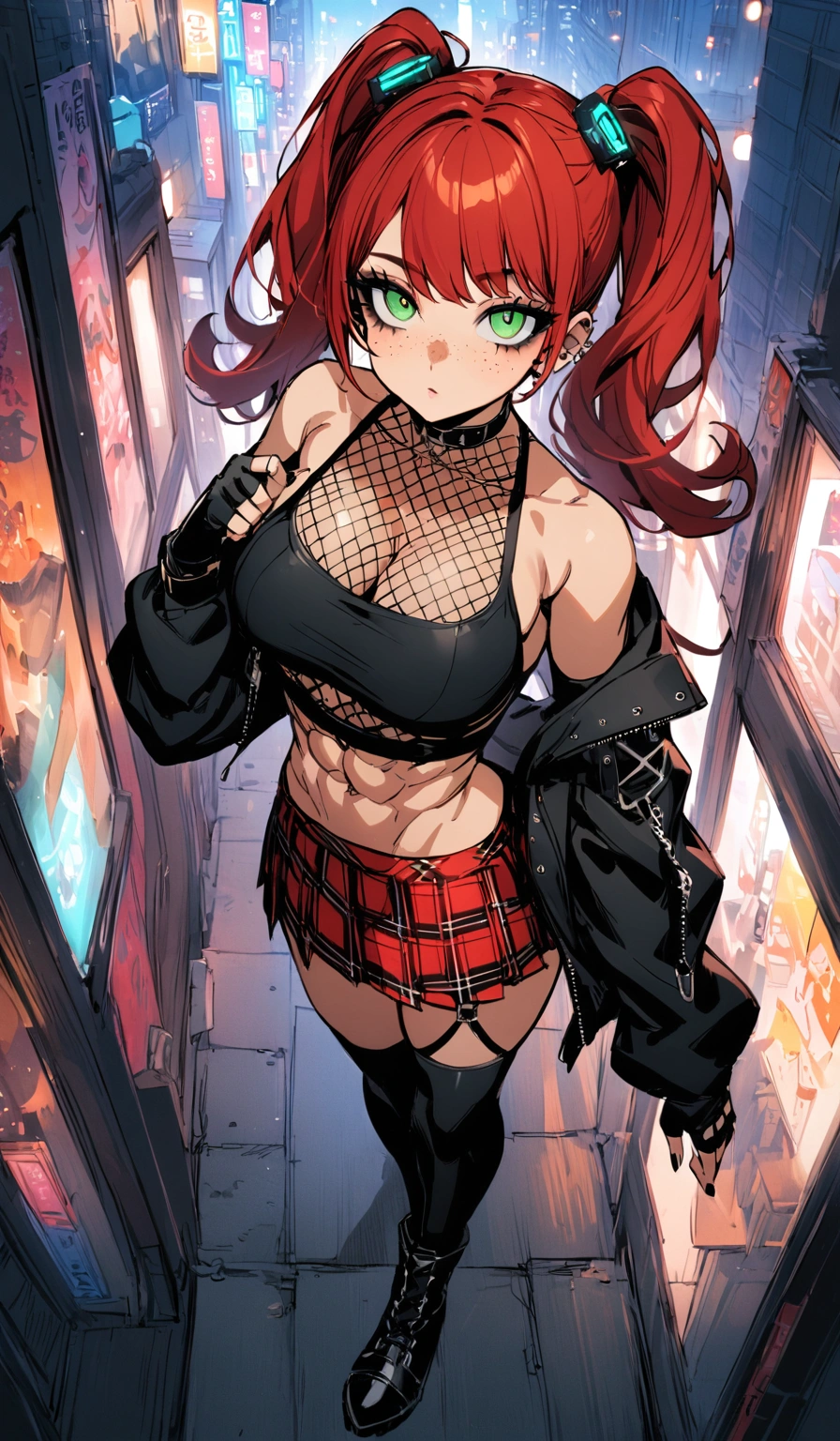 woman, curly red hair in pig tails, green eyes, black eyeshadow, wearing crop top black shirt, long black jacket, red plaid skirt, black knee high boots, black fingerless gloves, exposed shoulders, large breasts, freckles, abs, cleavage, looking up at viewer, masterpiece, best quality, Holo-Punk Style, in the city, make up, eyelashes, fish net undershirt, fish net stockings, (full body)