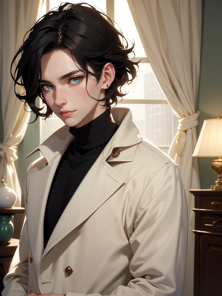(best quality), 1boy, pale skin, black hair, medium hair, curtain hair, tousled hair, green eyes, perfect eyes, dark circles under eyes, handsome, light smile, attractive, turtleneck sweater, masterpiece, anatomically correct, highres
