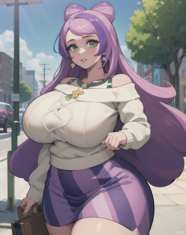 (best quality), (masterpiece), 1 girl, early 20's, huge heavy breasts, busty, perky breasts, thick, thick lips, wide hips, miriam, multicolored hair, green eyes, earrings, off-shoulder sweater, white sweater, purple skirt