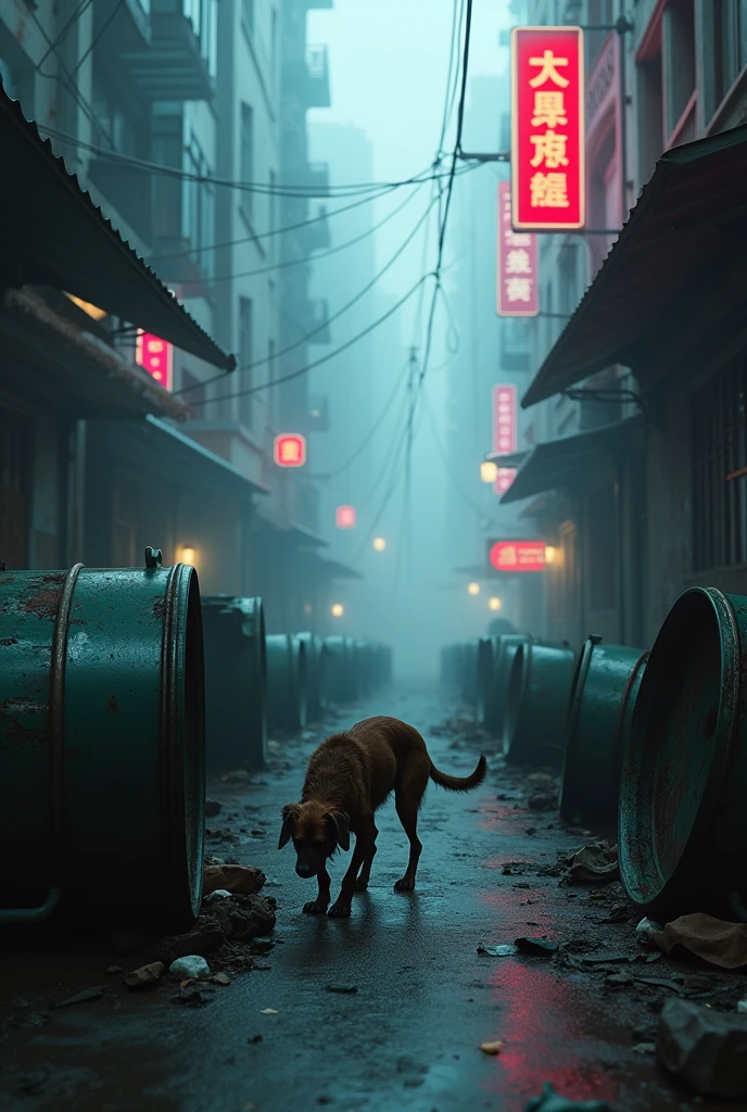Horror, Dark, Atmospheric, a small street in a dark city, a dog, turns over trash cans, rummaging through the trash, very foggy, 4k, realistic, detailed, cyberpunk