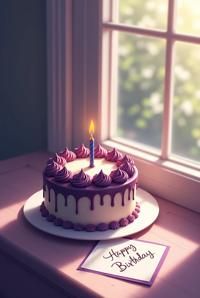 A birthday cake with a candle beside the window , there is "22 August Happy Birthday" note beside the cake , purple white theme