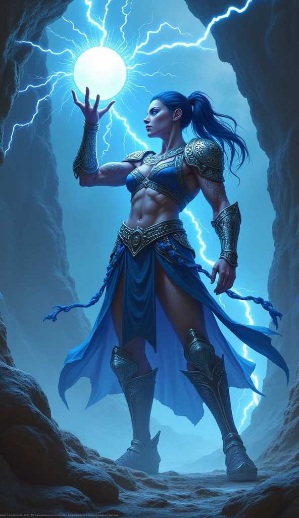 Aletta Ocean, angry evil beautiful and muscular, Nordic female, towering storm Giantess with blue black hair in a ponytail, older and mature woman, throwing a lightning ball, celtic glowing tattoos, wearing silver nordic steel runic plate mail Armour , temple cave background with lightning storm, glowing blue eyes, square jaw, powerful and imposing, winter clothing, pale blue purple skin, ((full plate silver celtic dragon armour)), nordic tattoos with bodybuilder physique 