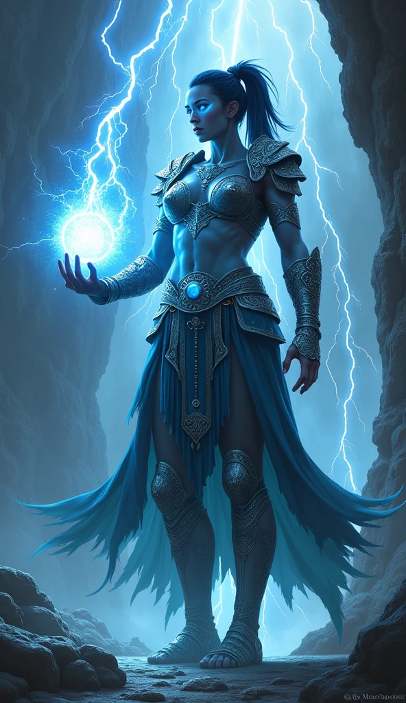 Aletta Ocean, angry evil beautiful and muscular, Nordic female, towering storm Giantess with blue black hair in a ponytail, older and mature woman, throwing a lightning ball, celtic glowing tattoos, wearing silver nordic steel runic plate mail Armour , temple cave background with lightning storm, glowing blue eyes, square jaw, powerful and imposing, winter clothing, pale blue purple skin, ((full plate silver celtic dragon armour)), nordic tattoos with bodybuilder physique