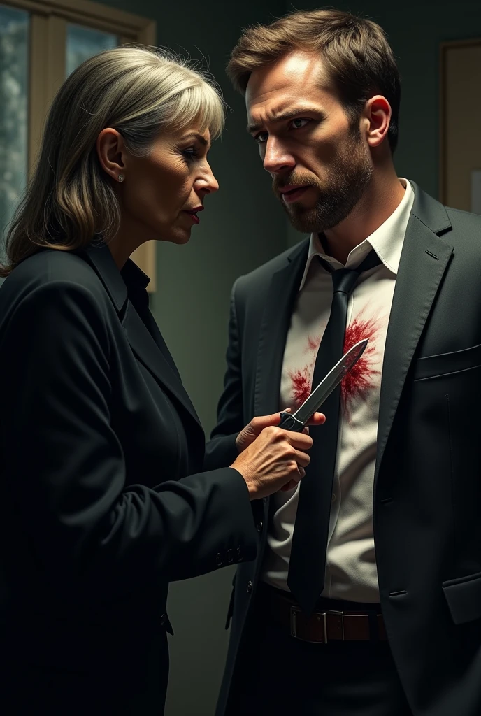 A 52-year-old woman, dressed in black spy-like attire, is holding a knife with a determined and intense expression.
• She stands close to a young man who is dressed in formal clothing.
• The scene will have a dark, suspenseful atmosphere, with shadows and dramatic lighting emphasizing the tension.
• The focus will be on their expressions and body language, suggesting a high-stakes moment.
She put that knife in young men's chest then men's chest was bleeding
At the same time she was crying
And young shocked or feels pain
Make some wrinkles on female face and she had cry and young man are shocked and feels pain in over chest
Young men was 22 year old and she was 52 year man ugly expression on she's face and young feels on her self chest and young boys chest was bleeding and put the bloody knife on females hand and she was trying to kill young man with knife