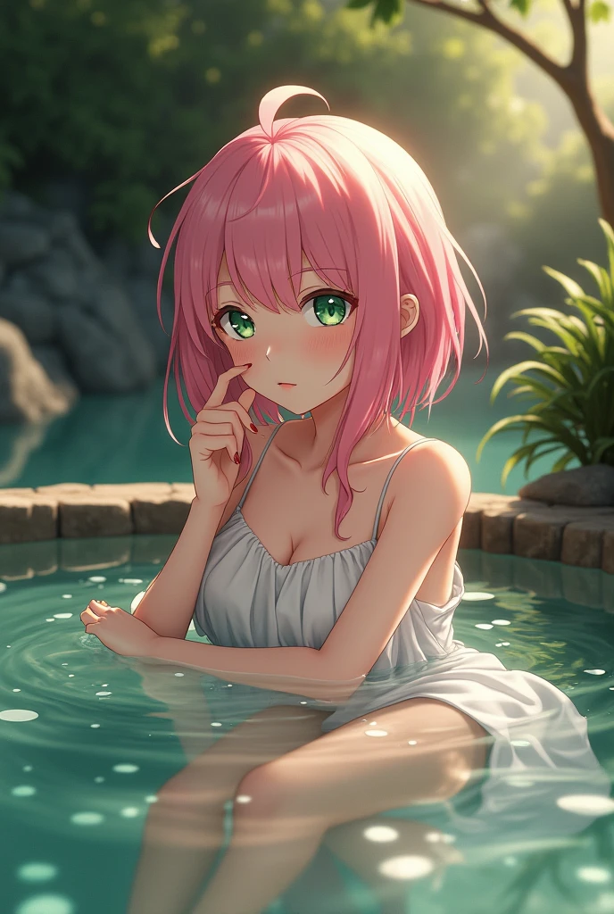 (photorealism:1.2), beautiful naruto anime girl sakura bathing