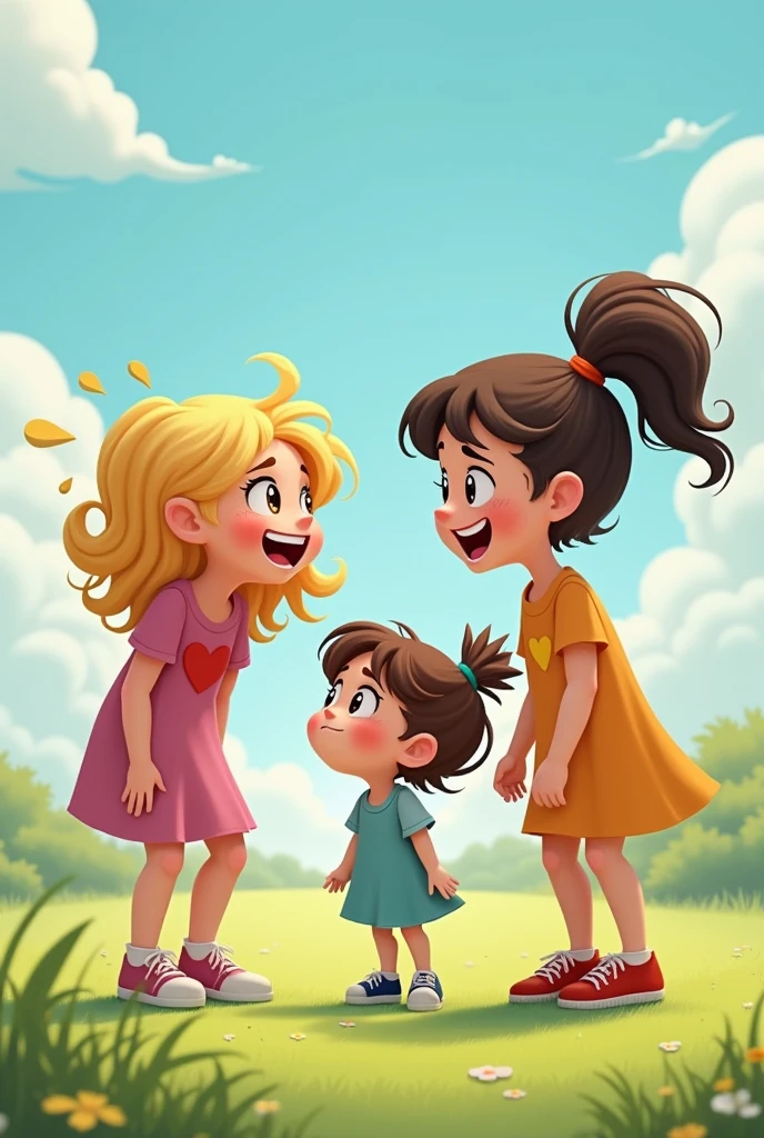 Cartoon style, obrazkowy. Outdoor. Two s with light skin are standing on the grass., different hair colors. They are standing next to each other, they laugh, They are screaming, They are talking. Obok nich stoi trzecia dziewczynka, she is sad, ma spuszczoną głowę. Dwie dziewczynki wyśmiewają tą trzecią.