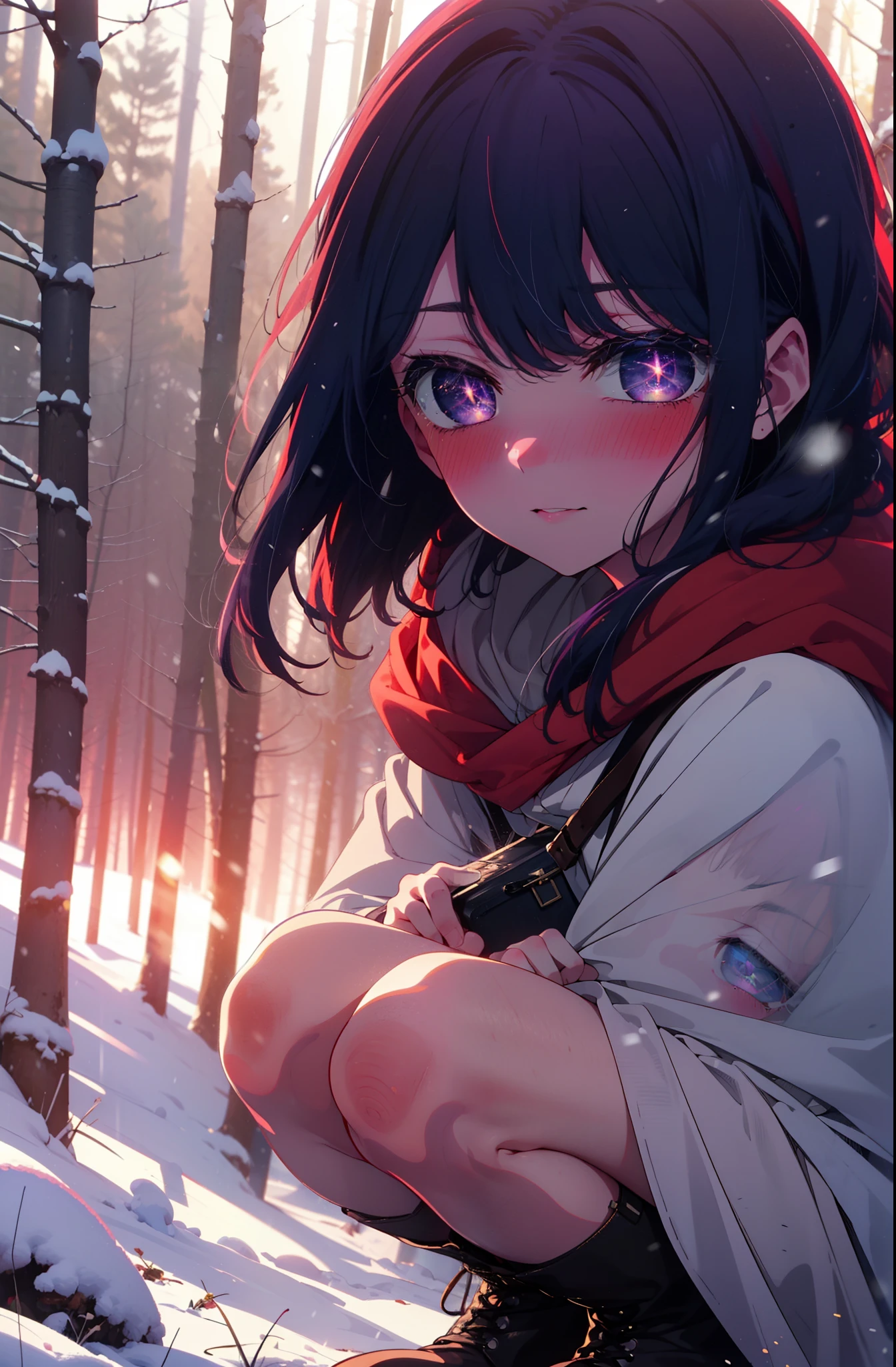 aihoshino, Ai Hoshino, Long Hair, bangs, (Purple eyes:1.1), Purple Hair, (Symbol-shaped pupil:1.5), smile,,smile,blush,white breath,
Open your mouth,snow,Ground bonfire, Outdoor, boots, snowing, From the side, wood, suitcase, Cape, Blurred, , forest, White handbag, nature,  Squat, Mouth closed, Cape, winter, Written boundary depth, Black shoes, red Cape break looking at viewer, Upper Body, whole body, break Outdoor, forest, nature, break (masterpiece:1.2), Highest quality, High resolution, unity 8k wallpaper, (shape:0.8), (Beautiful and beautiful eyes:1.6), Highly detailed face, Perfect lighting, Extremely detailed CG, (Perfect hands, Perfect Anatomy),