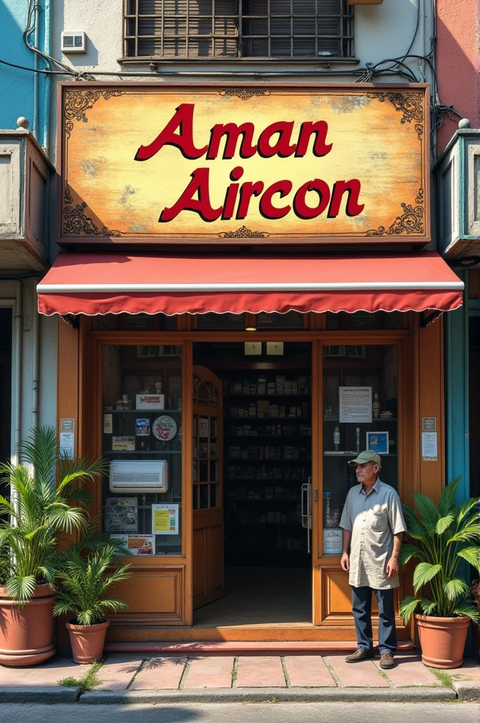 A shop with a board on it named Aman Aircon