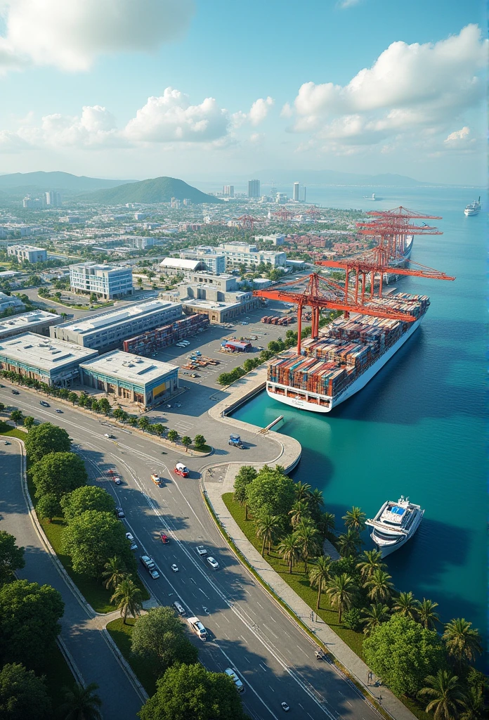 Panama's deepwater international megaport with shops, Hotels, restaurants, parks and shops and industrial zone ZEDE . You can download 5 Panamax container ships and 5 cruise ships