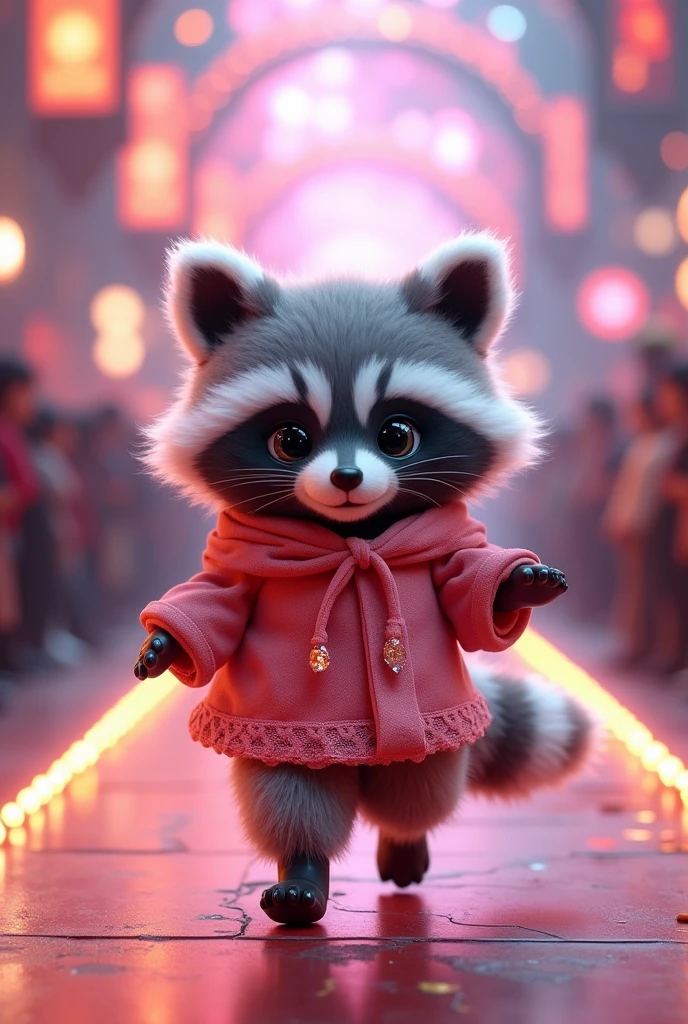 A captivating 3D rendering of an adorable fluffy  raccoon spirit, wearing pink and red cloth, walking down the runaway at a fashion show,
