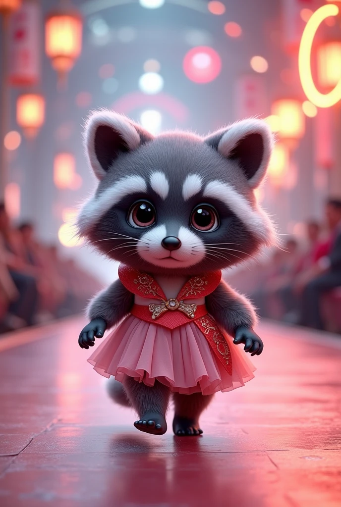 A captivating 3D rendering of an adorable fluffy baby raccoon spirit, wearing pink and red cloth, walking down the runaway at a fashion show,