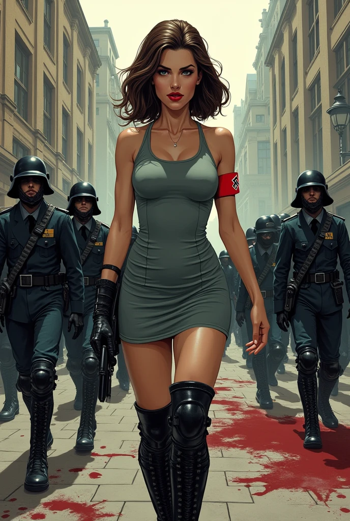 Comic book style. Nazi princess with medium length brown hair, brown eyes, glossy red lips and a skintight gray  athletic dress with thigh high combat boots. A red Nazi swaztika hair pin and armband accessorize her outfit.  She is leading an army of black armored Nazi soldiers into a city to take it over by force.  Bodies lie bloody in the streets.