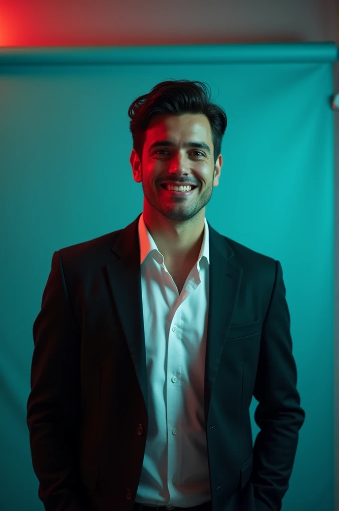 A young man with dark hair and a confident smile. He is dressed in a black blazer over a white shirt The man is positioned against aqua colour backehp with a subtle red lighting on the left side. and he posing for Linkedin profile