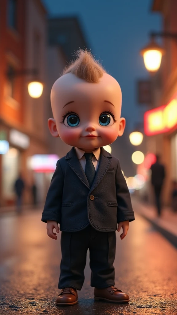 Mets le bébé au yeux bleu qui est une nommée June debout dans une rue très éclairée de nuit, elle porte un tailleur de femme. Ultra détaillé, ultra ressemblant, ultra réaliste, respect de l âge de Bebe , 8k