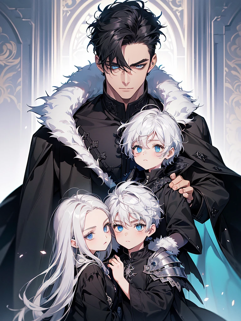 (work of art, high resolution, better quality, exquisite details,((Face details)),Family portrait ((There are four people.)), mother, father, twin sons , blue eyes, Front showing smiling face, long hair woman ((white hair)), manshort hair((manblack hair)), ,short hairสีดำ, ((blue eyes)),Quiff Hairstyles, ((short hairสีดำ)), [Thick eyebrows], ((black long coat)), ((all black)),Silver veil edge, (blue eyes) , handsome , muscle, Facial expressions, black knight armor , black fur shawl(Masterpiece,best quality,special, (Broad shoulders)) (muscle), A woman wearing a white dress,blue eyes, lover, Club party, Superb details, Two 2 year old children , First child, child((man))2 years old (short hair )((black hair)) blue eyes,Second child, child((man))2 years old (short hair) ((white hair)) blue eyes.Two children , Family of four