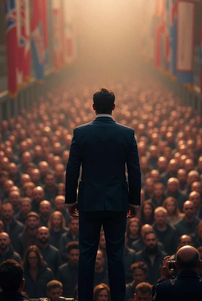 One person in front with an authoritative voice and a crowd behind 