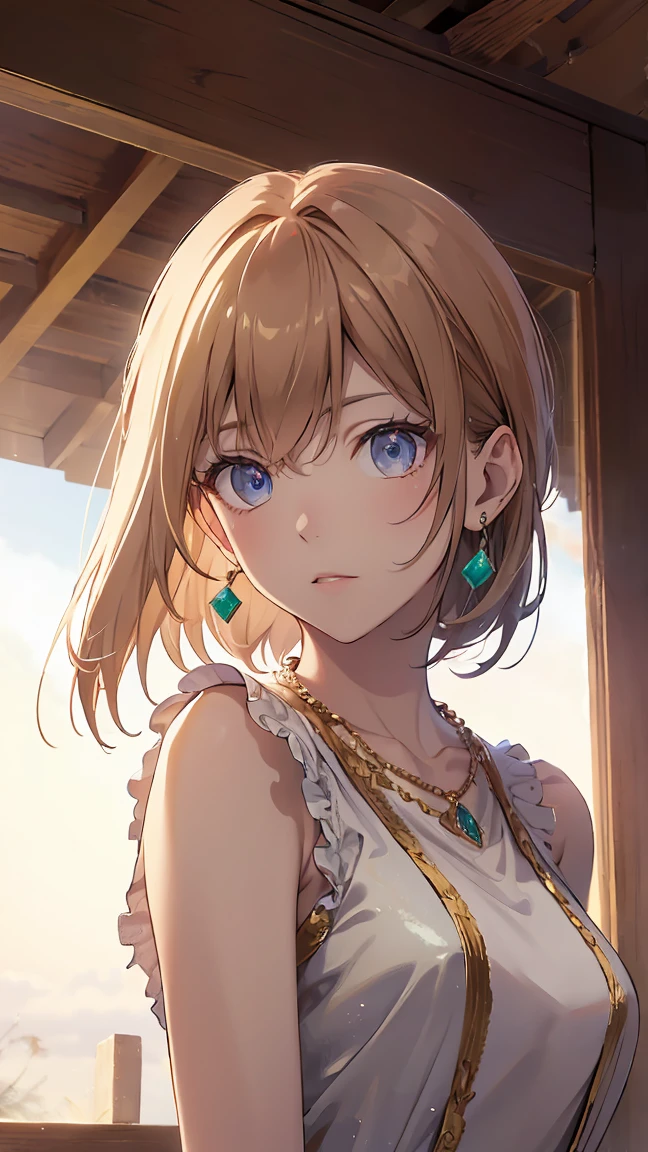 Beautiful Face, Highest quality, Ultra-high natural light, Glowing Skin, Detailed skin, Detailed face, Detailed eyes, beautiful girl, golden hair waving in the wind, necklace, Earrings, Deep woods, (fog: 1.2), fog, noble, gem, diamond, sapphire, Ruby, Emerald, Gorgeous dress, Attention to detail in the costumes, Detailed embroidery, A silk dress woven with gold and silver threads