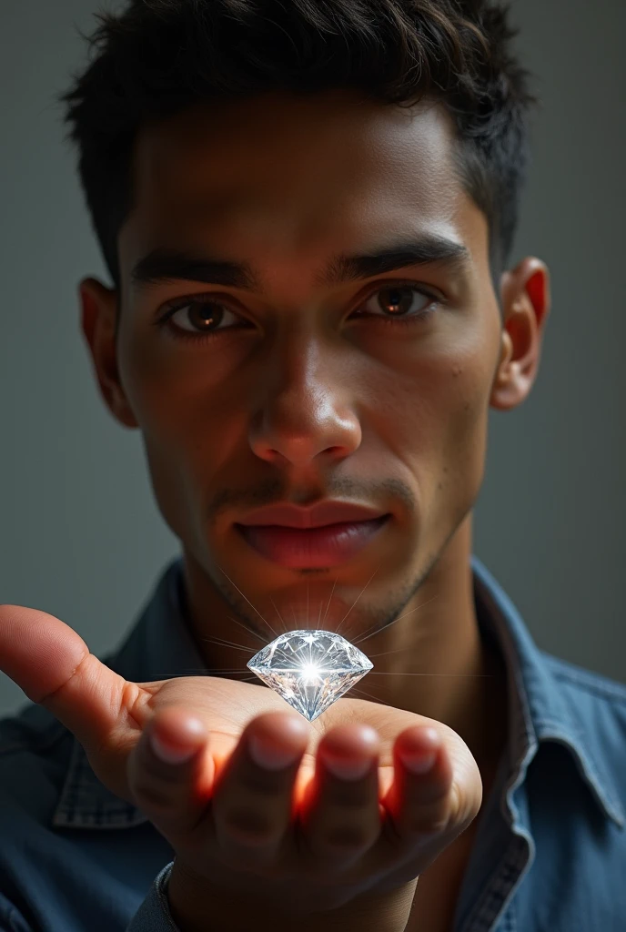 Image of a handsome young brown man, with short hair, with a diamond in his hand  