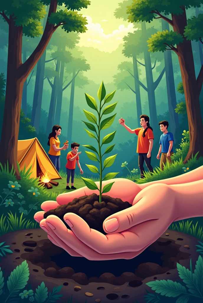 create a design that contains a combination of the activities of many college students planting trees on the ground to protect the forest and group camping activities with the design focus in the middle of two hands holding tree seedlings
