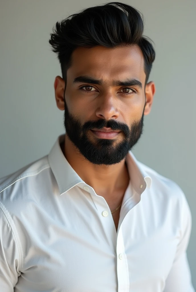 A 23 years old Indian boy, wearing a white shirt, having thick beard on the face and having an innocent but muscular body make a real image as much as possible 