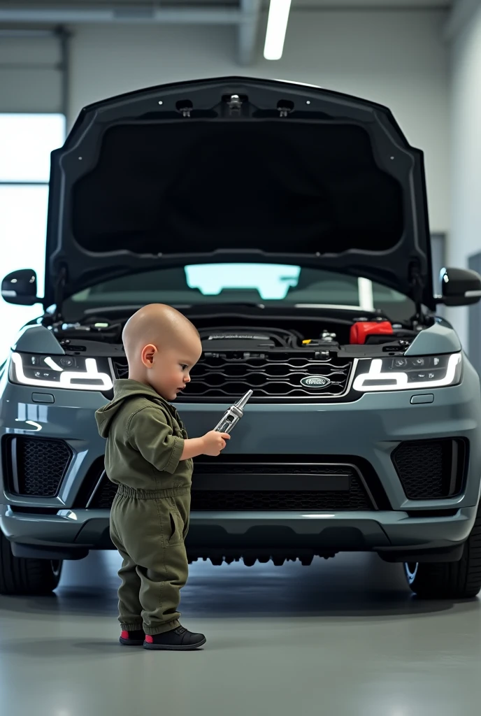 Rang rover sport bonet open and baby technician infront of tha vehicle With a tool in his hand hd qulity poto