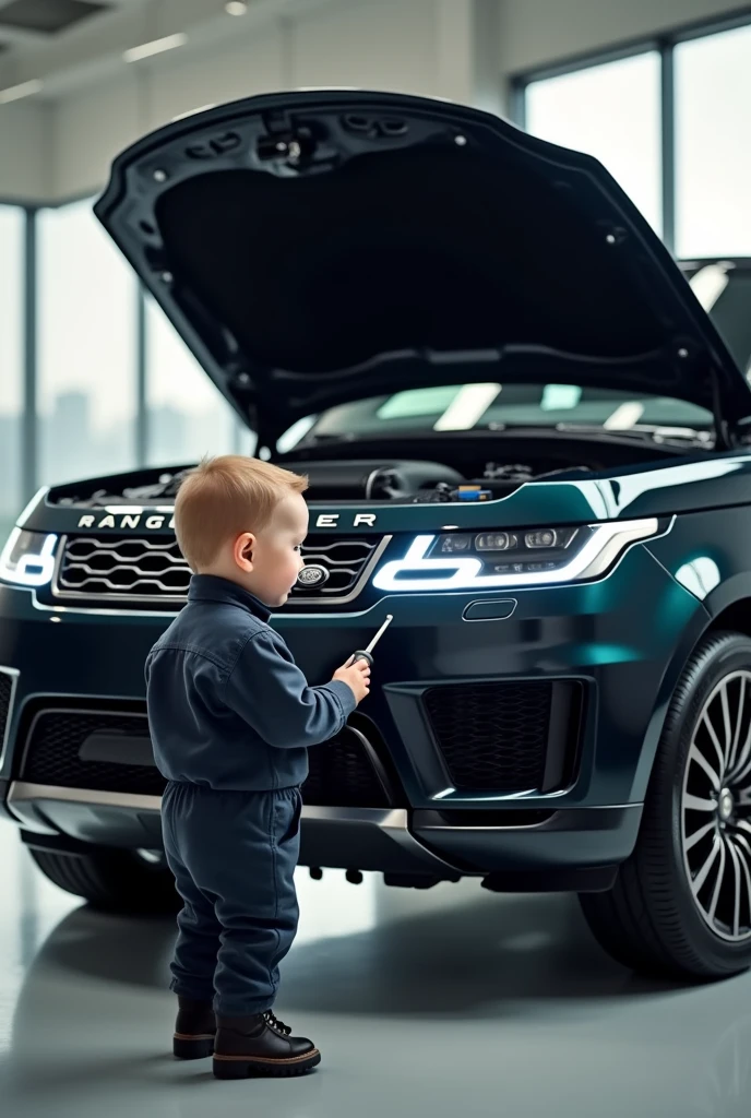 Rang rover sport bonet open and baby technician infront of tha vehicle With a tool in his hand hd qulity poto