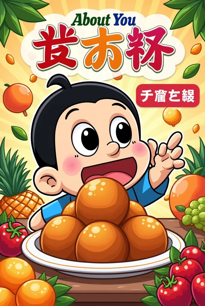 A shop poster our mascot is crayon shin chan our shop name is"About You" we sell fresh fruit and delicious curry fishball. Write the shop name in chinese make it colourful and creative 