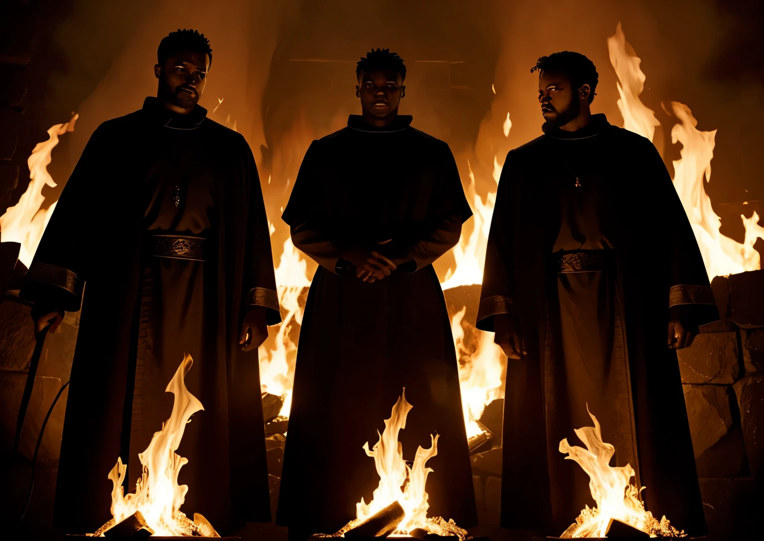 image of Shadrach, Meshach, and Abednego standing surrounded by towering flames in a dark, fiery furnace, their faces illuminated by a divine glow, exuding unshakable faith in the midst of intense trial.