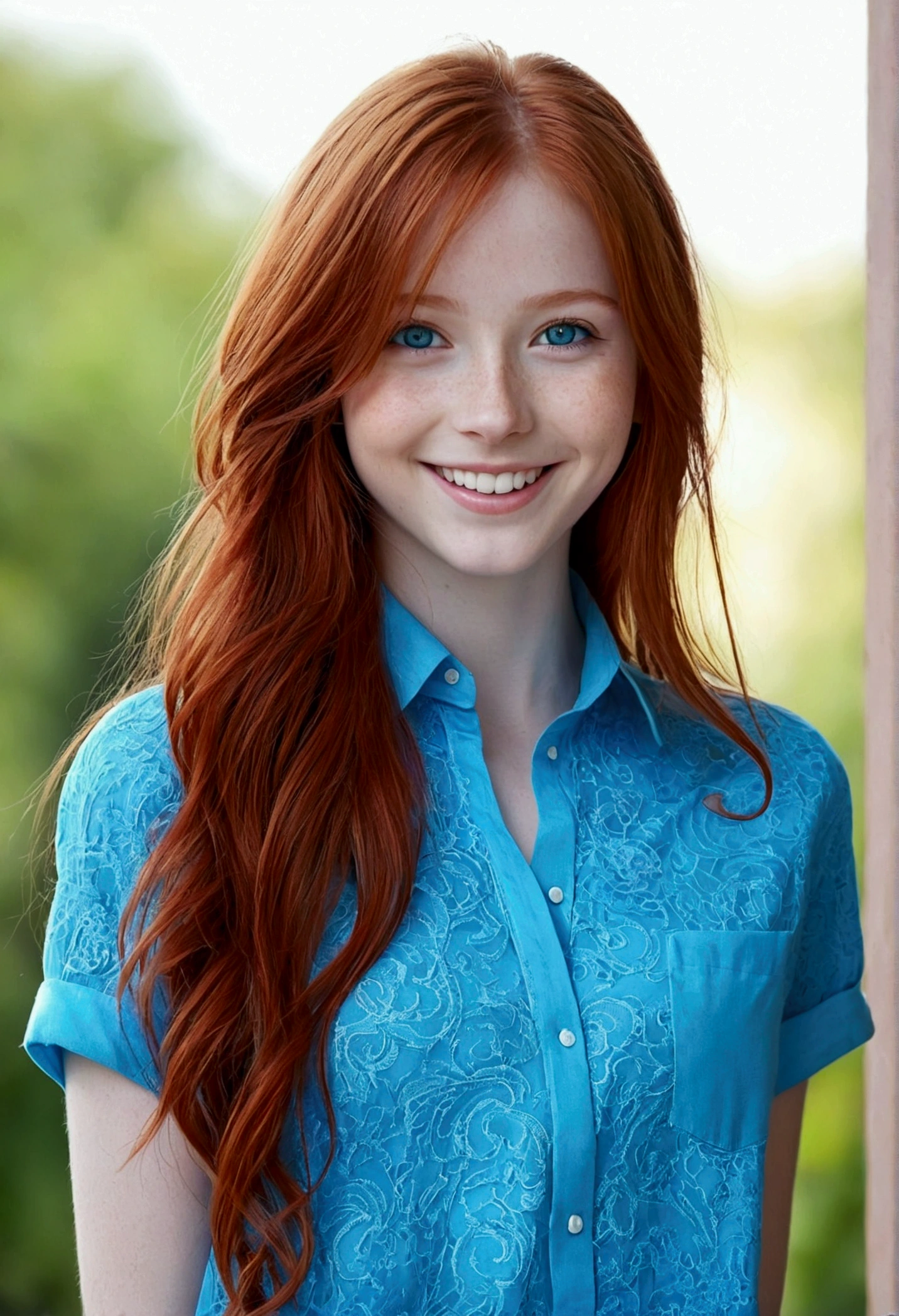 Cute girl, red hair, blue eyes, white skin, skinny, pretty smile, blue shirt, Long hair