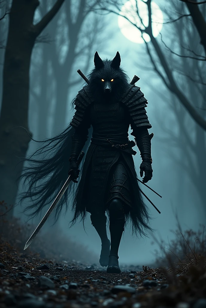 very strong、Wolf Samurai、(A black aura erupts)、Impenetrable、Warrior、The body is slender、Pitch black armor、Dark Messenger、((Walking through a very dark forest at night))、(Very realistic)、Ultra HD、16K、He bends down and prepares to draw his sword.、((Tattered Metal Armor))、