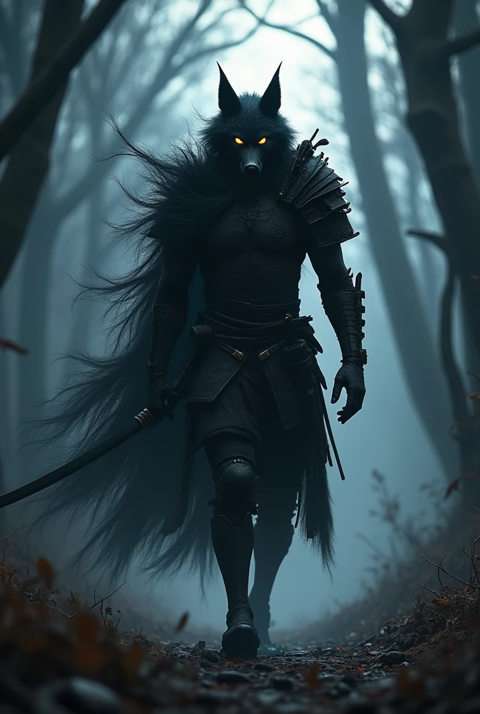 very strong、Wolf Samurai、(A black aura erupts)、Impenetrable、Warrior、The body is slender、Pitch black armor、Dark Messenger、((Walking through a very dark forest at night))、(Very realistic)、Ultra HD、16K、He bends down and prepares to draw his sword.、((Tattered Metal Armor))、