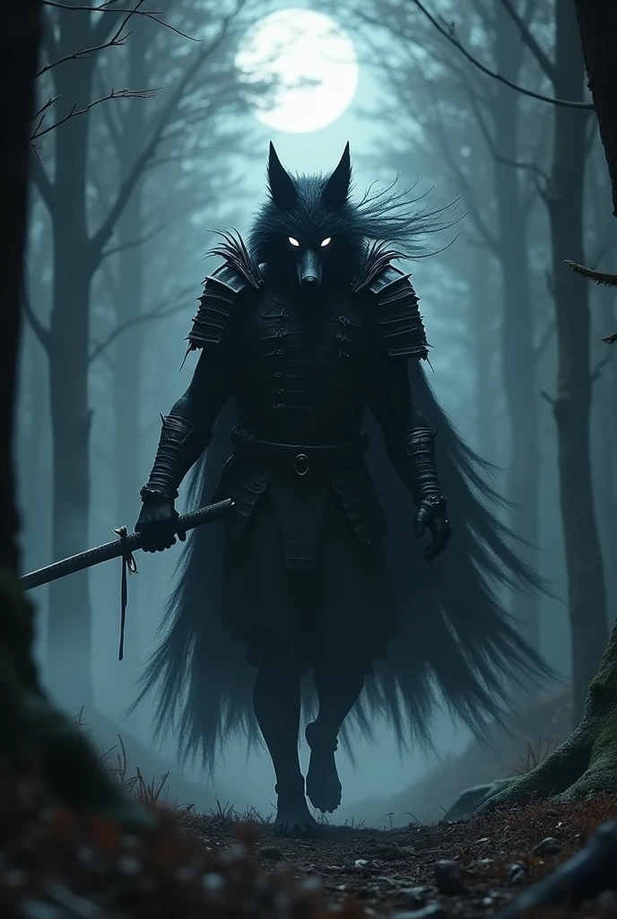 very strong、Wolf Samurai、(A black aura erupts)、Impenetrable、Warrior、The body is slender、Pitch black armor、Dark Messenger、((Walking through a very dark forest at night))、(Very realistic)、Ultra HD、16K、He bends down and prepares to draw his sword.、((Tattered Metal Armor))、