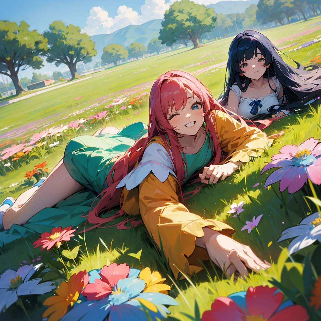 A group of anime girls lying down on top of grass, smiling and laughing. Dressed in vibrant clothing. Flowers grow on the grass.