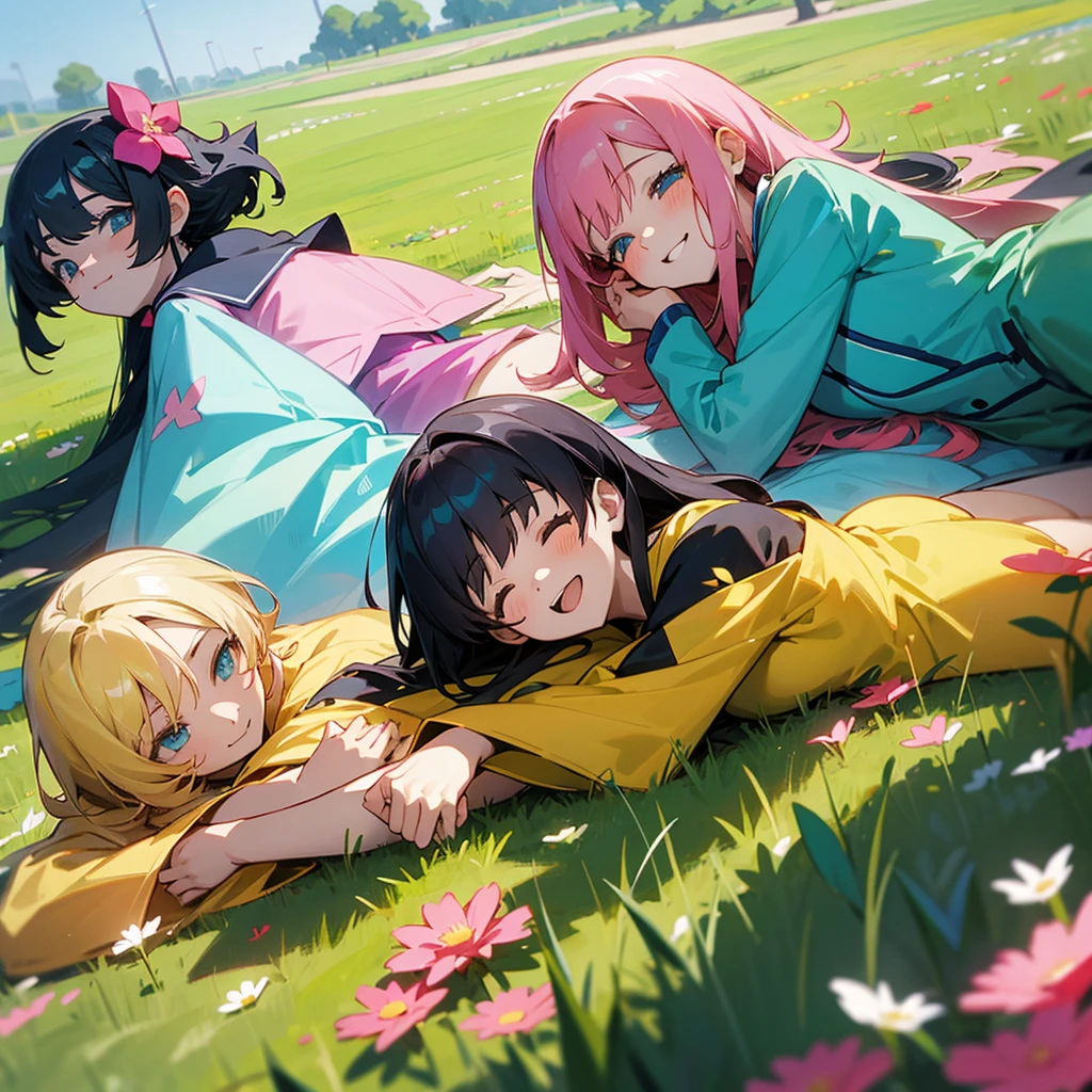 A group of anime girls lying down on top of grass, smiling and laughing. Dressed in vibrant clothing. Flowers grow on the grass.