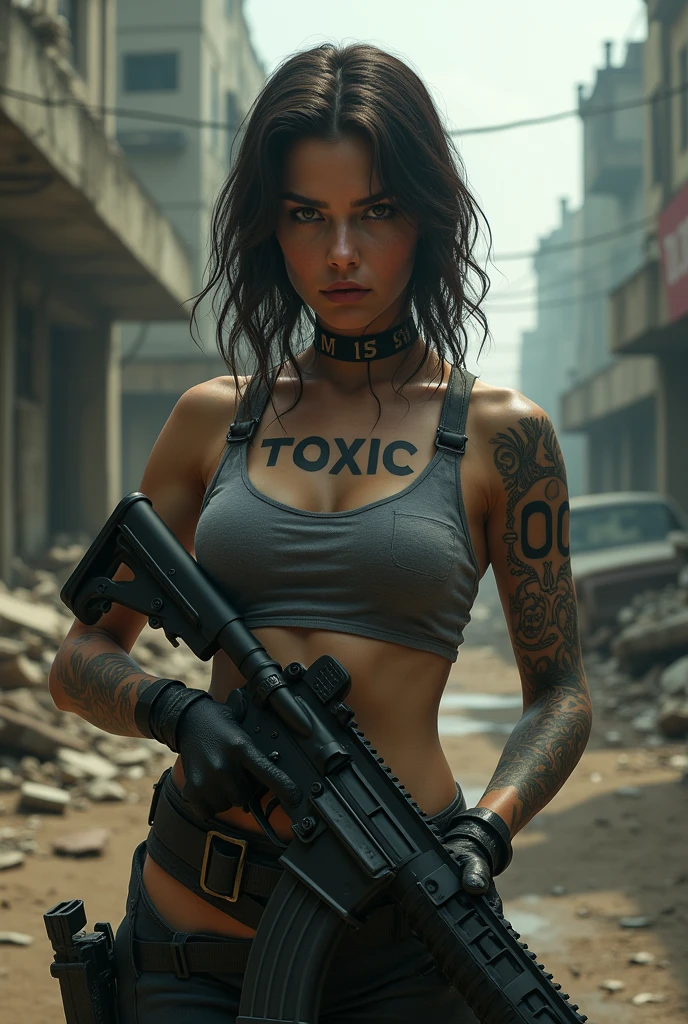 A toxic girl who have toxic printed on his chest and 00 on his neck holding m416 gun in infected area . Ensure that tatoo are shown clearly.